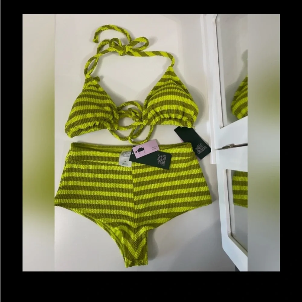 Bikini Set- LimeStriped Ribbed Green Triangle Bikini Top=S. +Boy Short Bottom=XS